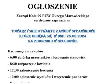 Zapraszamy wędkarzy na Towarzyskie Zawody Spławikowe na zbiorniku w Głuchowie